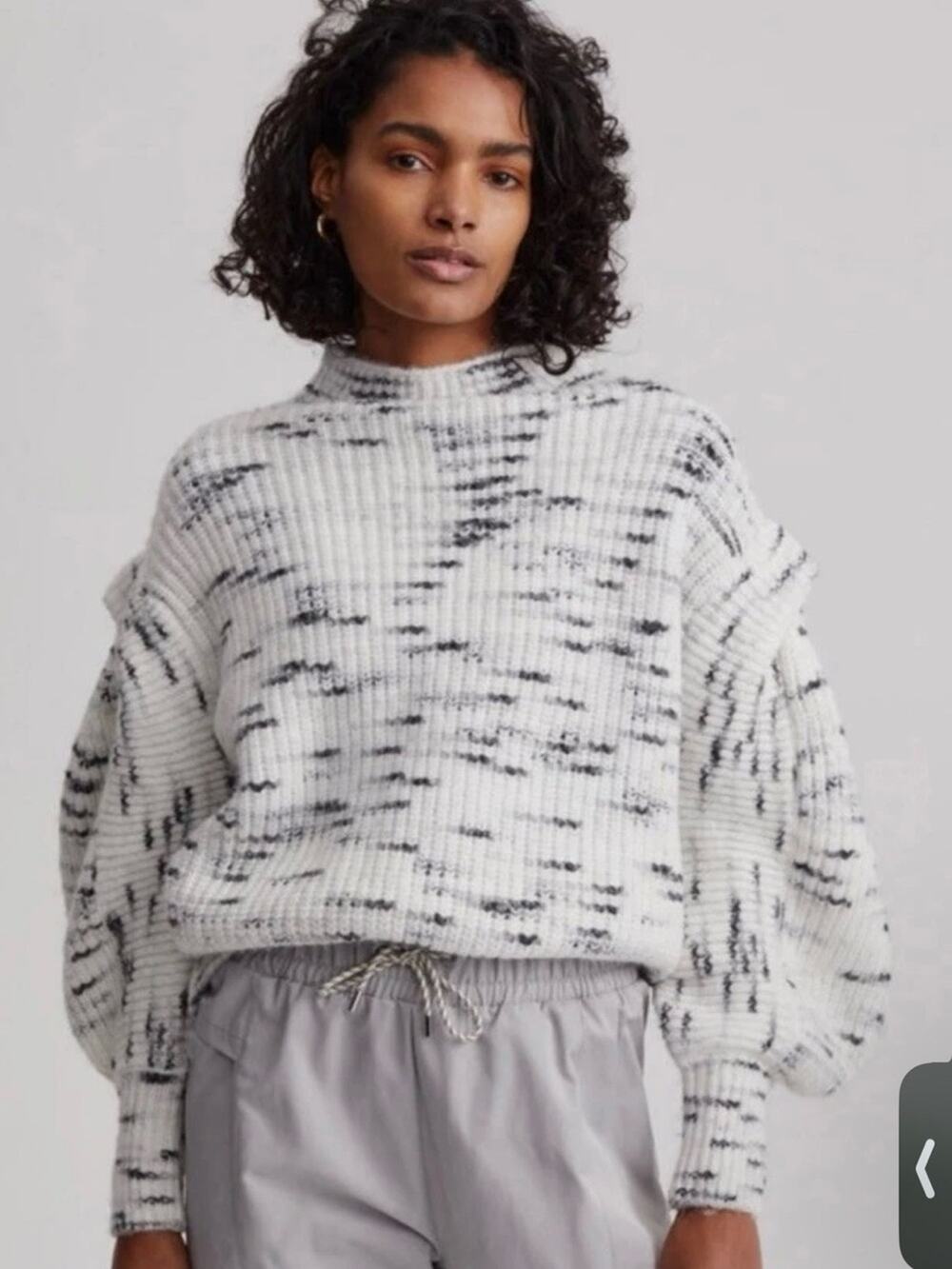 Varley Black/White Belgrave Knit Sweater Funnel Neck Wool Dramatic Sleeve XS